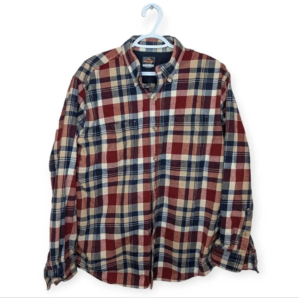 Ridgecut Toughwear Plaid Flannel Button Down Work Shirt 100% Cotton Men L